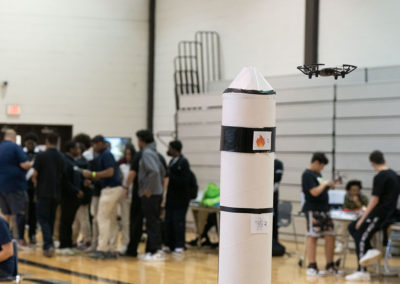 A rocket from the competition with stickers on the back