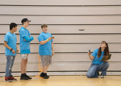 A group of students flying a drone together in the gymnasium